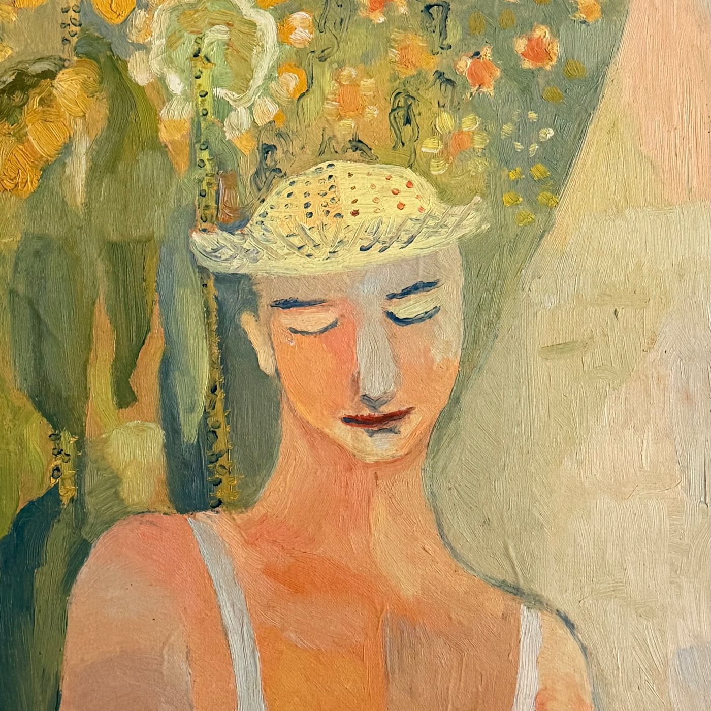Oil painting of a woman in a straw hat, eyes closed, with sunflowers and a field of small blossoms rising behind her